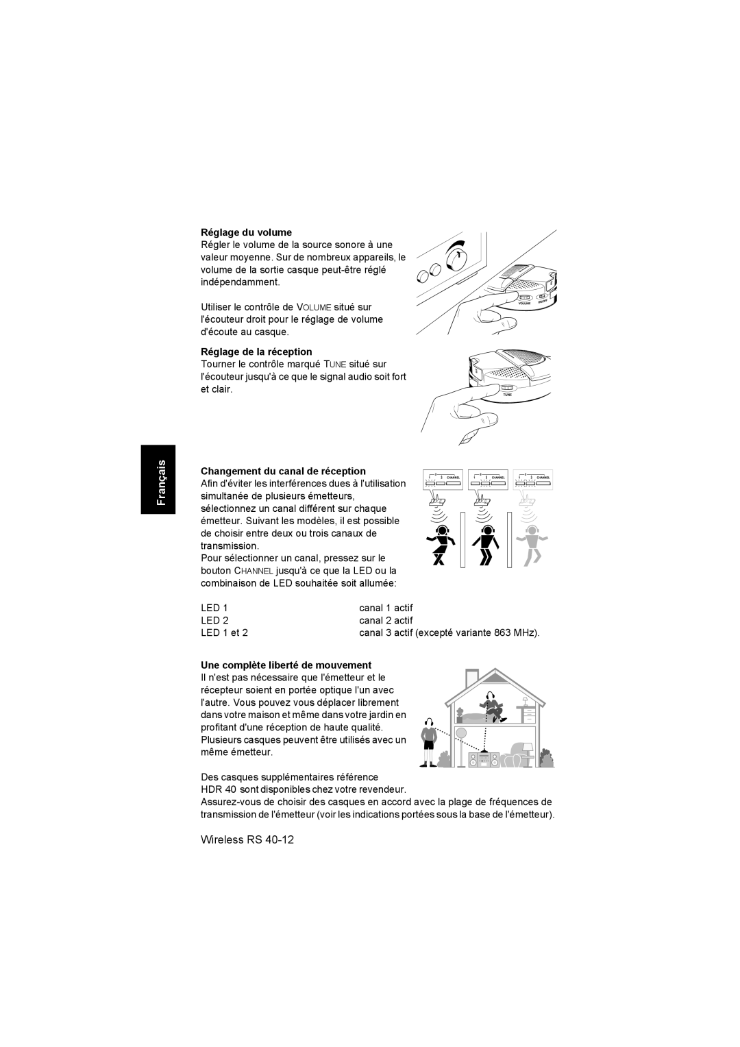 Sennheiser RS 40 instruction manual Réglage du volume, Réglage de la réception, Changement du canal de réception 