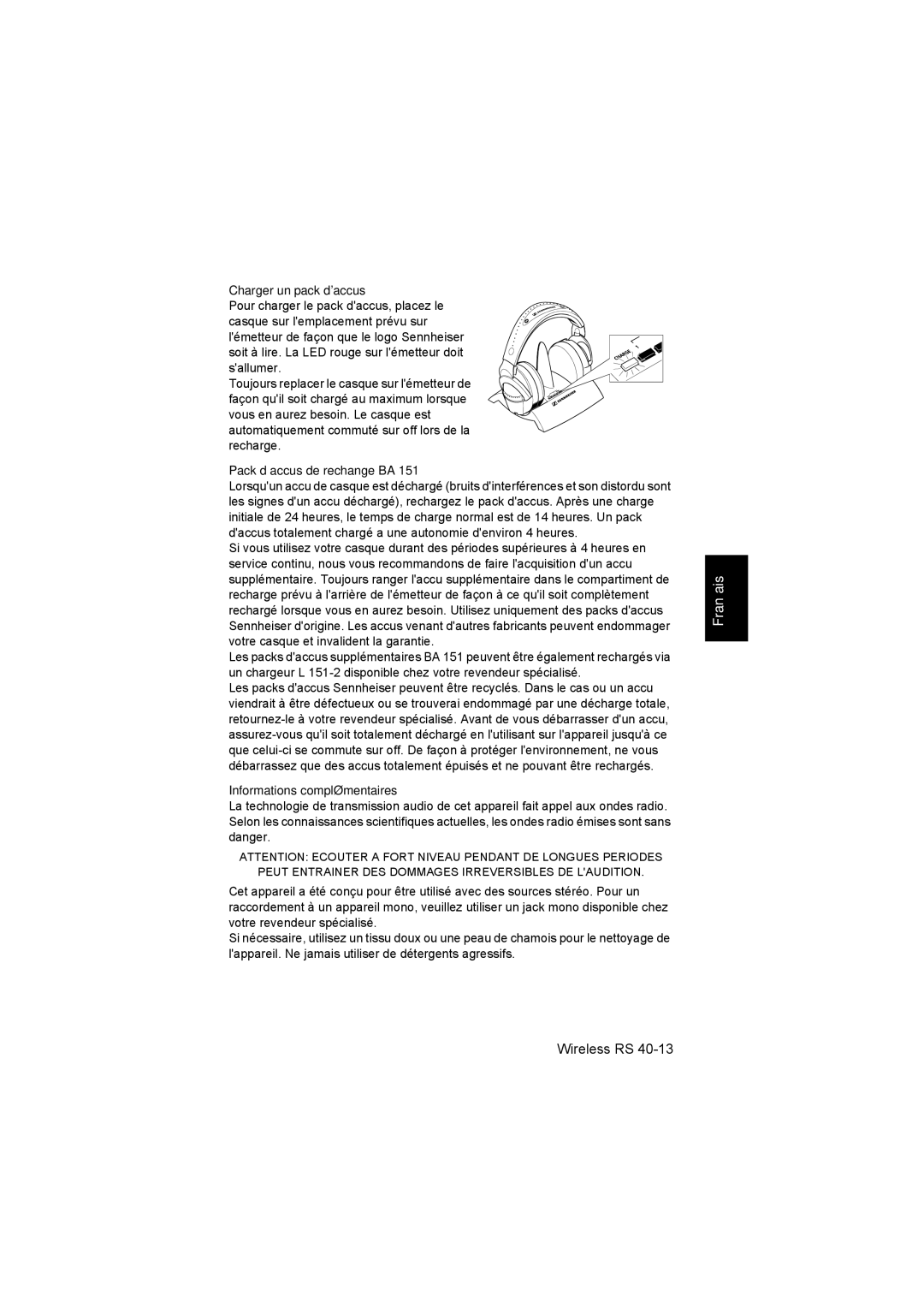 Sennheiser RS 40 instruction manual Charger un pack daccus, Pack d’accus de rechange BA, Informations complémentaires 