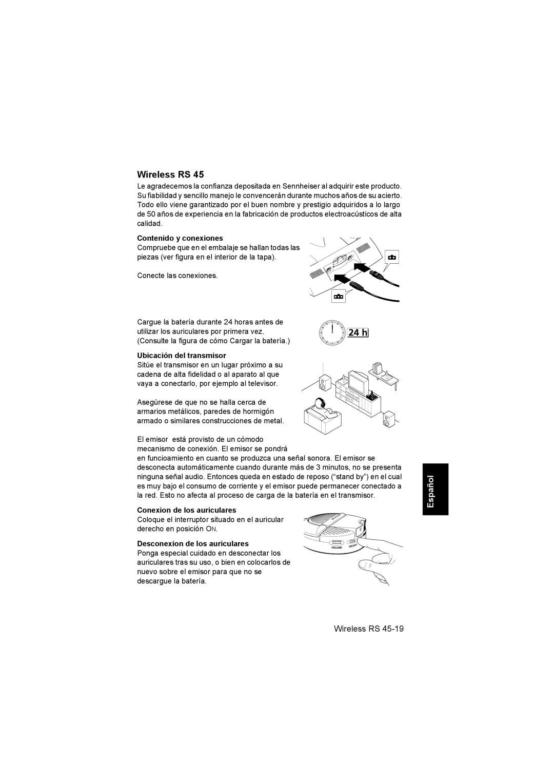 Sennheiser RS 40 instruction manual Contenido y conexiones, Ubicación del transmisor, Conexion de los auriculares 