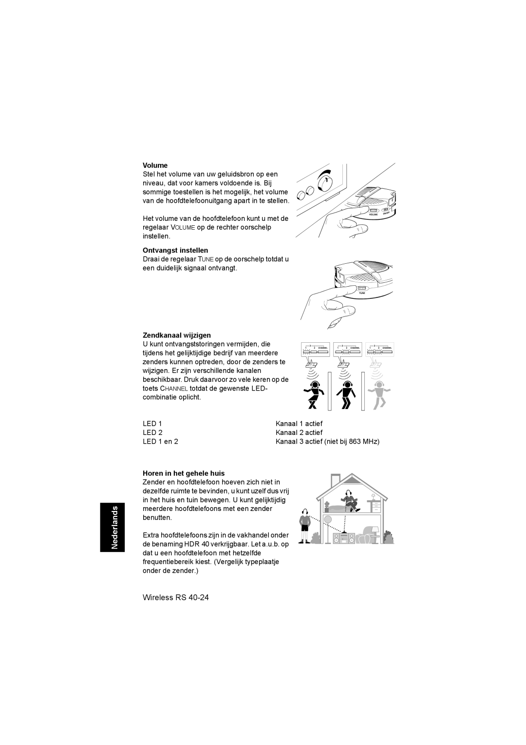 Sennheiser RS 40 instruction manual Ontvangst instellen, Zendkanaal wijzigen, Horen in het gehele huis 