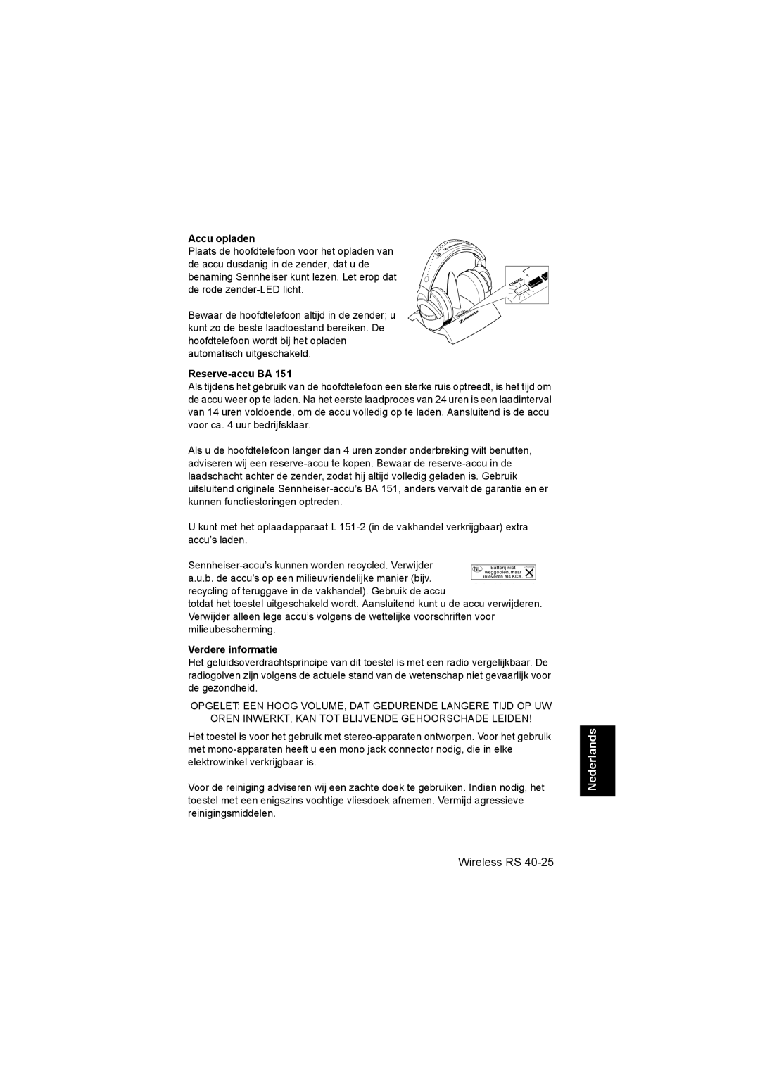 Sennheiser RS 40 instruction manual Accu opladen, Reserve-accu BA, Verdere informatie 