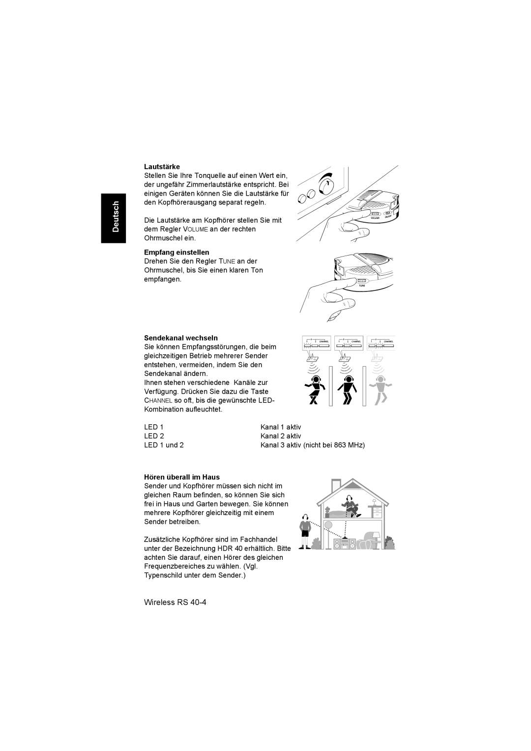 Sennheiser RS 40 instruction manual Lautstärke, Empfang einstellen, Sendekanal wechseln, Hören überall im Haus 