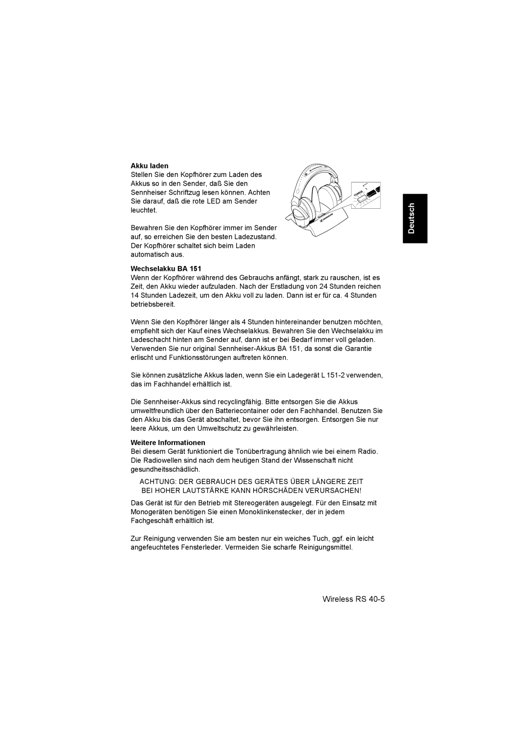 Sennheiser RS 40 instruction manual Akku laden, Wechselakku BA, Weitere Informationen 