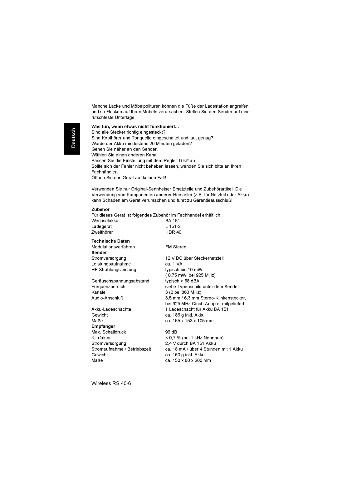 Sennheiser RS 40 instruction manual Was tun, wenn etwas nicht funktioniert, Zubehör, Technische Daten, Sender, Empfänger 