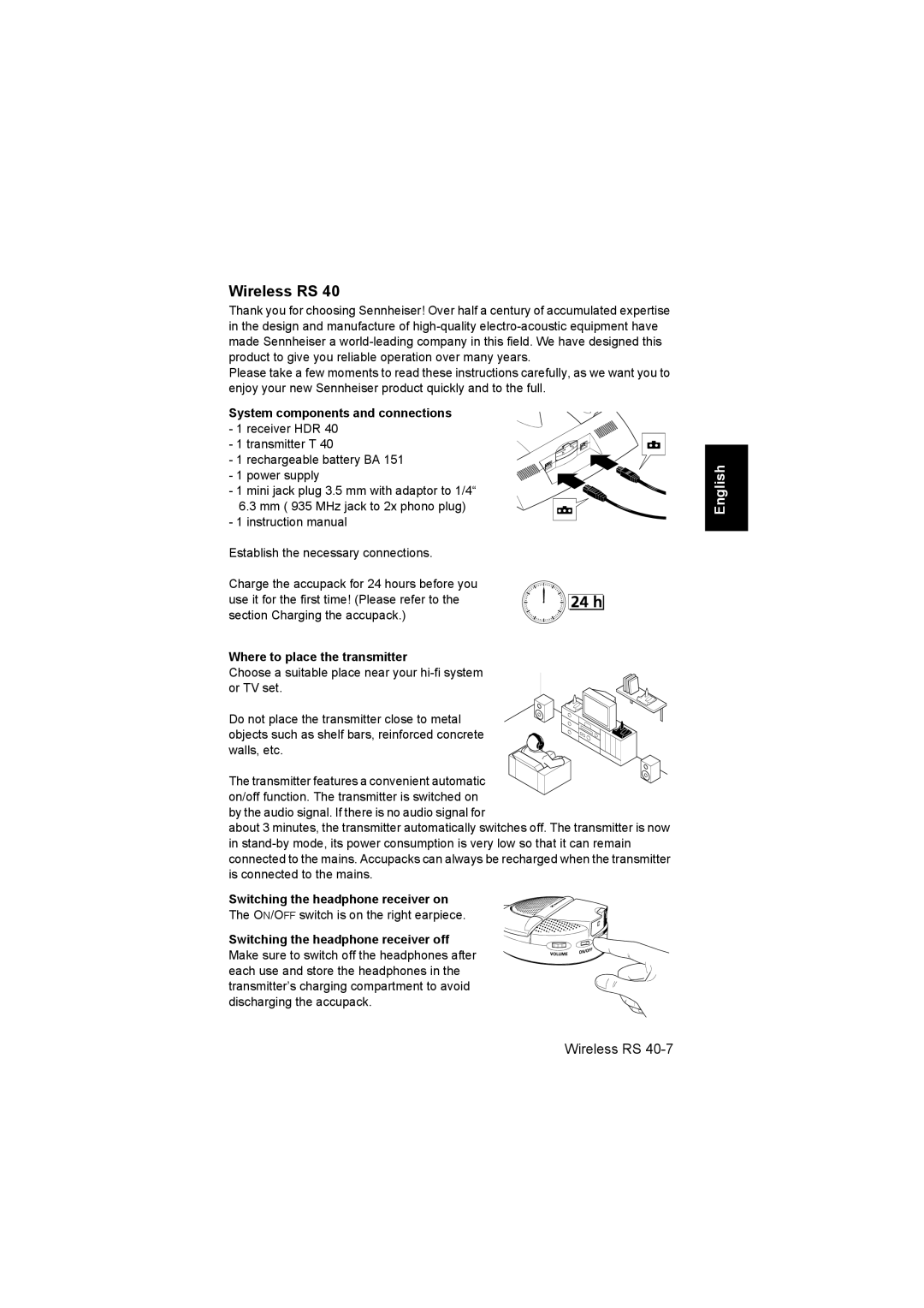 Sennheiser RS 40 instruction manual System components and connections 1 receiver HDR, Where to place the transmitter 