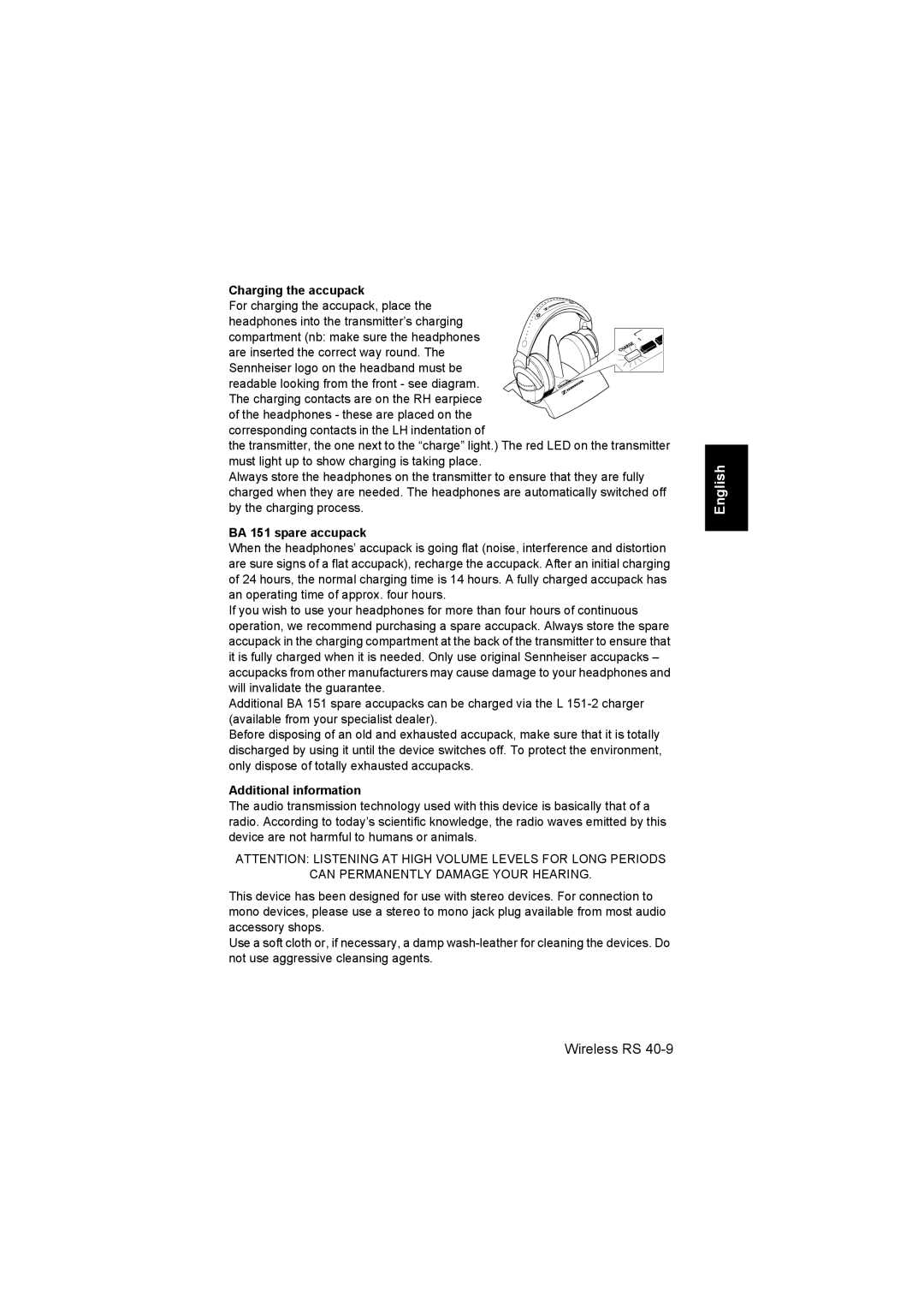 Sennheiser RS 40 instruction manual Charging the accupack, BA 151 spare accupack, Additional information 