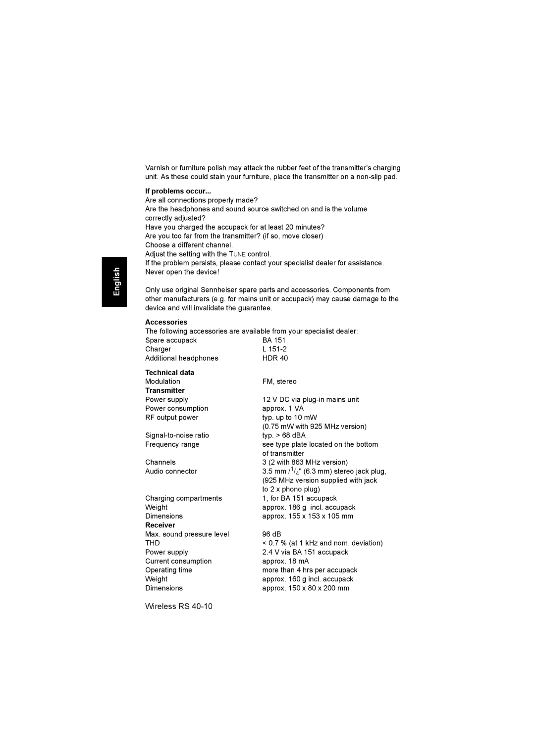 Sennheiser RS 40 instruction manual If problems occur, Accessories, Technical data, Transmitter, Receiver 