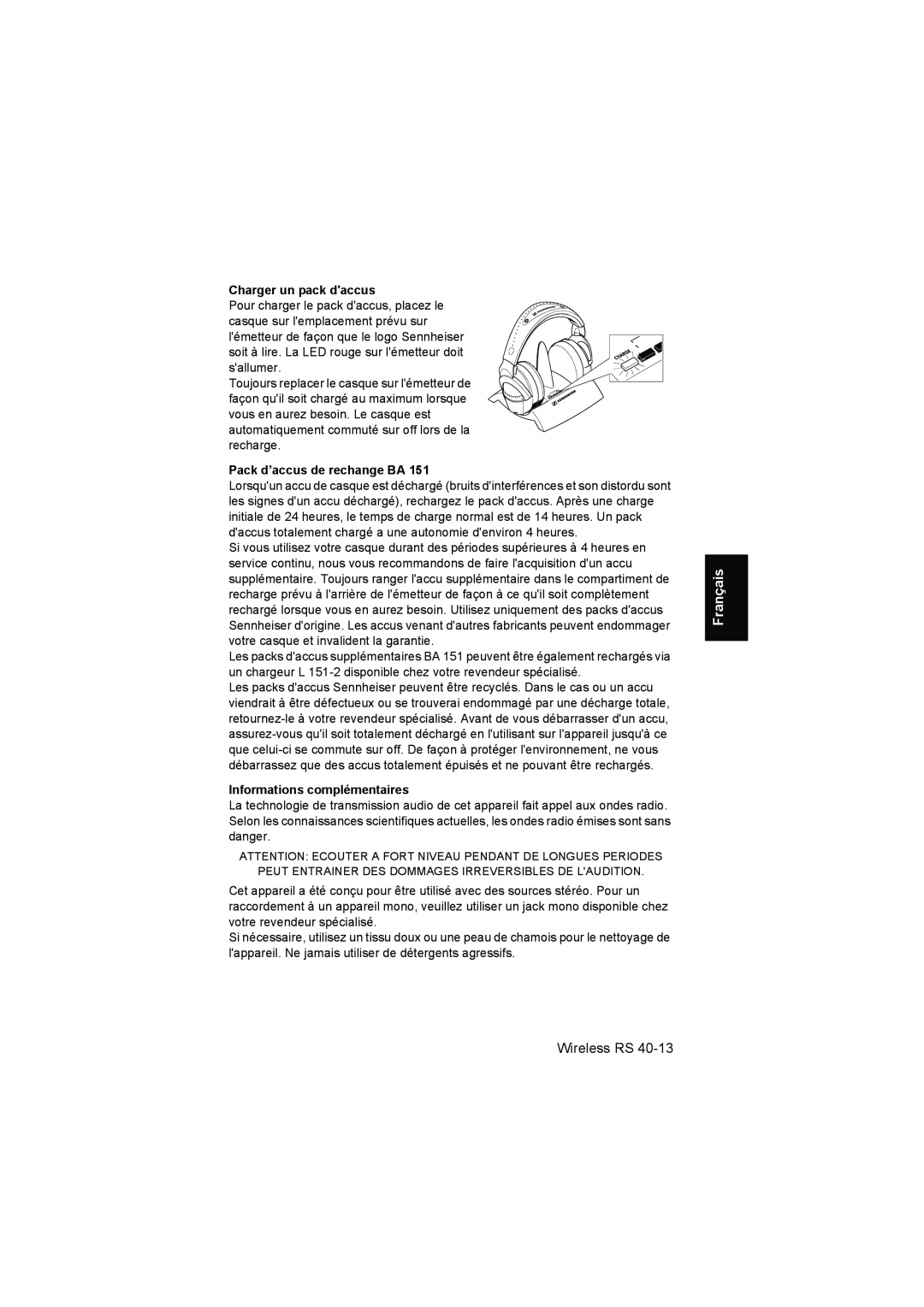 Sennheiser RS 40 Charger un pack daccus, Pack d’accus de rechange BA, Informations complémentaires, Français, Wireless RS 