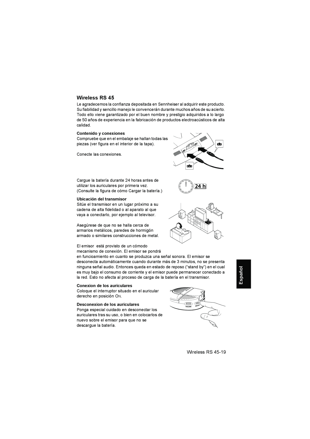 Sennheiser RS 40 Español, Contenido y conexiones, Ubicación del transmisor, Conexion de los auriculares, Wireless RS 