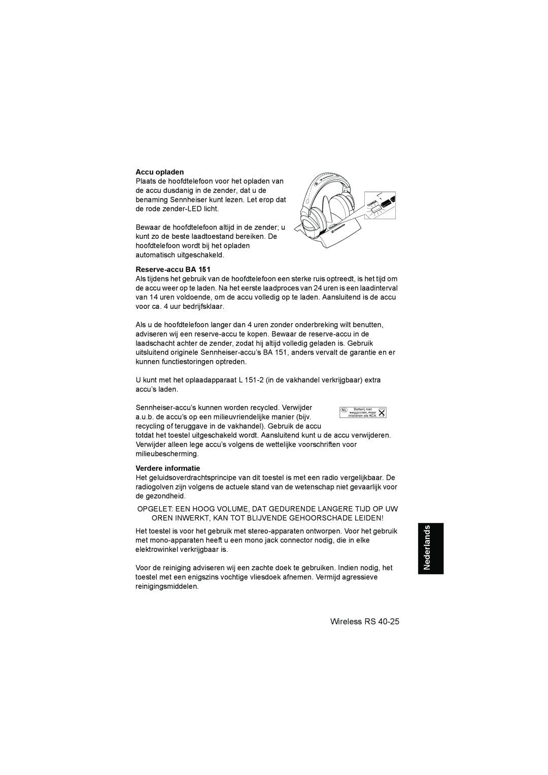 Sennheiser RS 40 instruction manual Accu opladen, Reserve-accuBA, Verdere informatie, Nederlands, Wireless RS 