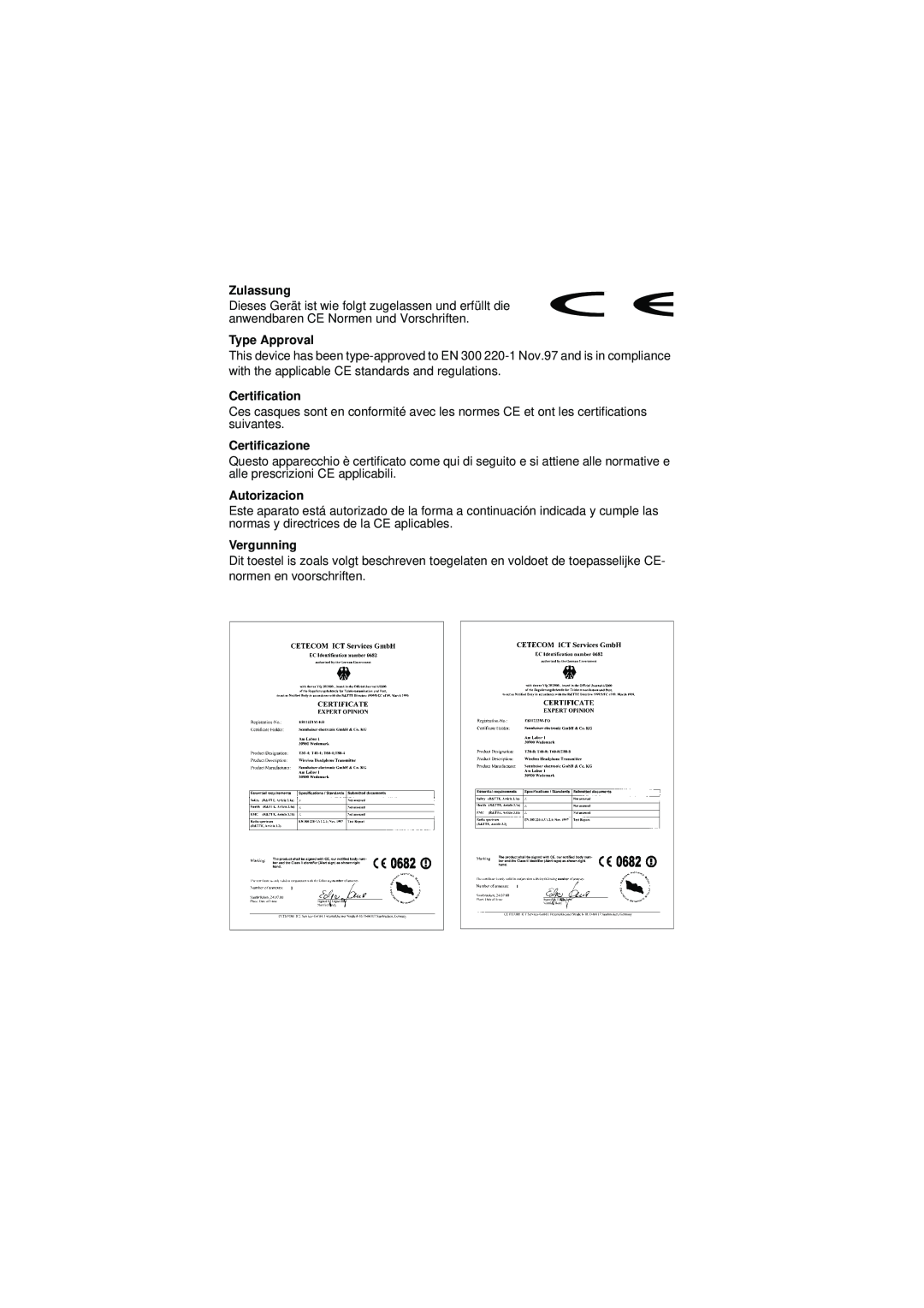 Sennheiser RS 40 instruction manual Zulassung, Type Approval, Certification, Certificazione, Autorizacion, Vergunning 