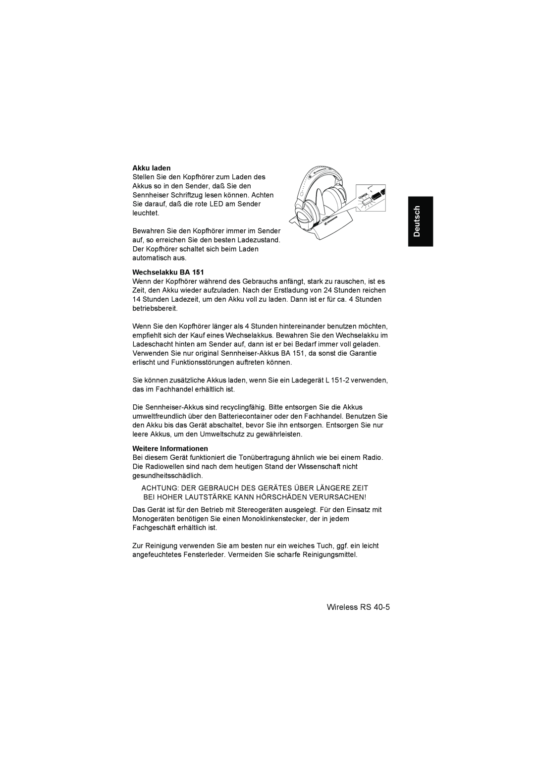 Sennheiser RS 40 instruction manual Akku laden, Wechselakku BA, Weitere Informationen, Deutsch, Wireless RS 