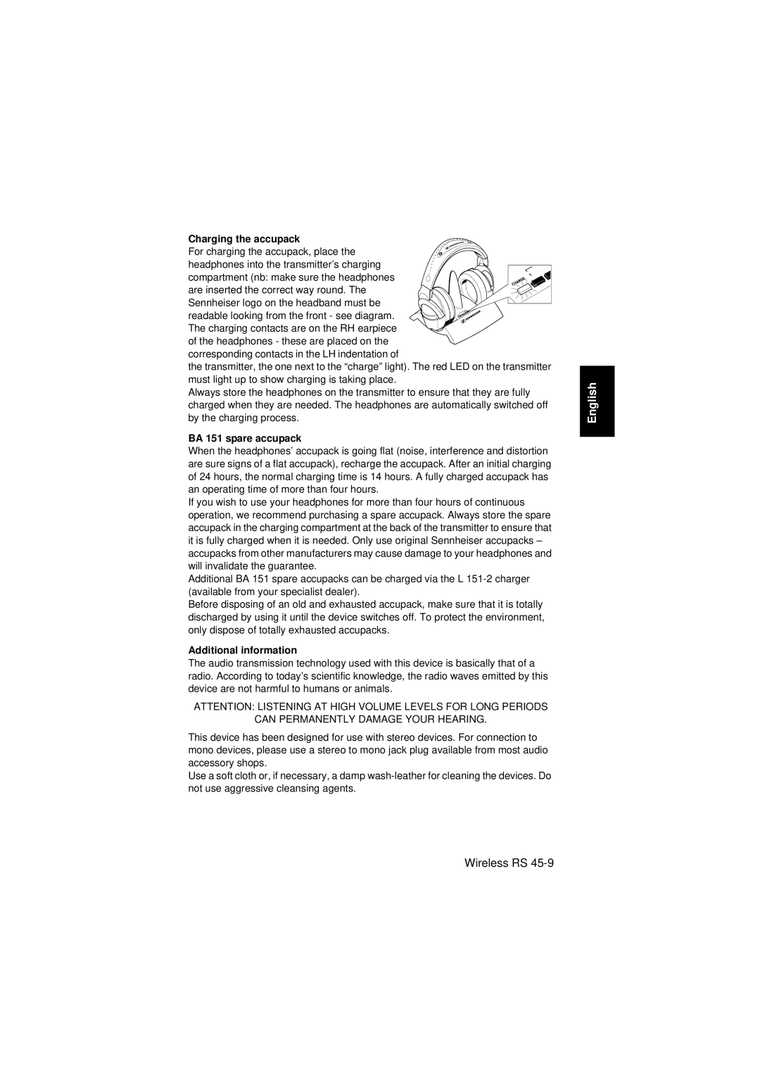 Sennheiser RS 45 Charging the accupack For charging the accupack, place, BA 151 spare accupack, Additional information 