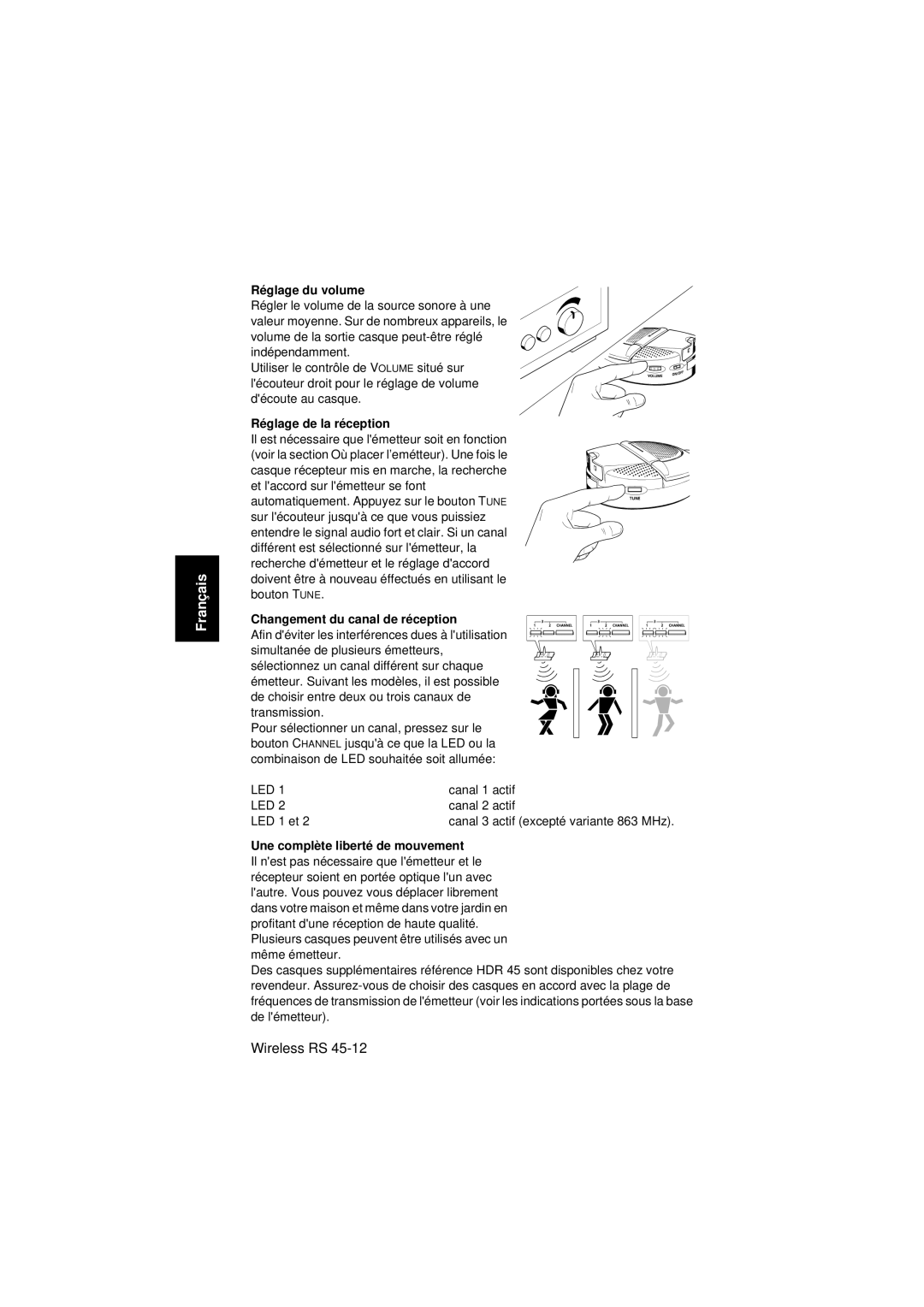 Sennheiser RS 45 instruction manual Réglage du volume, Réglage de la réception, Changement du canal de réception 