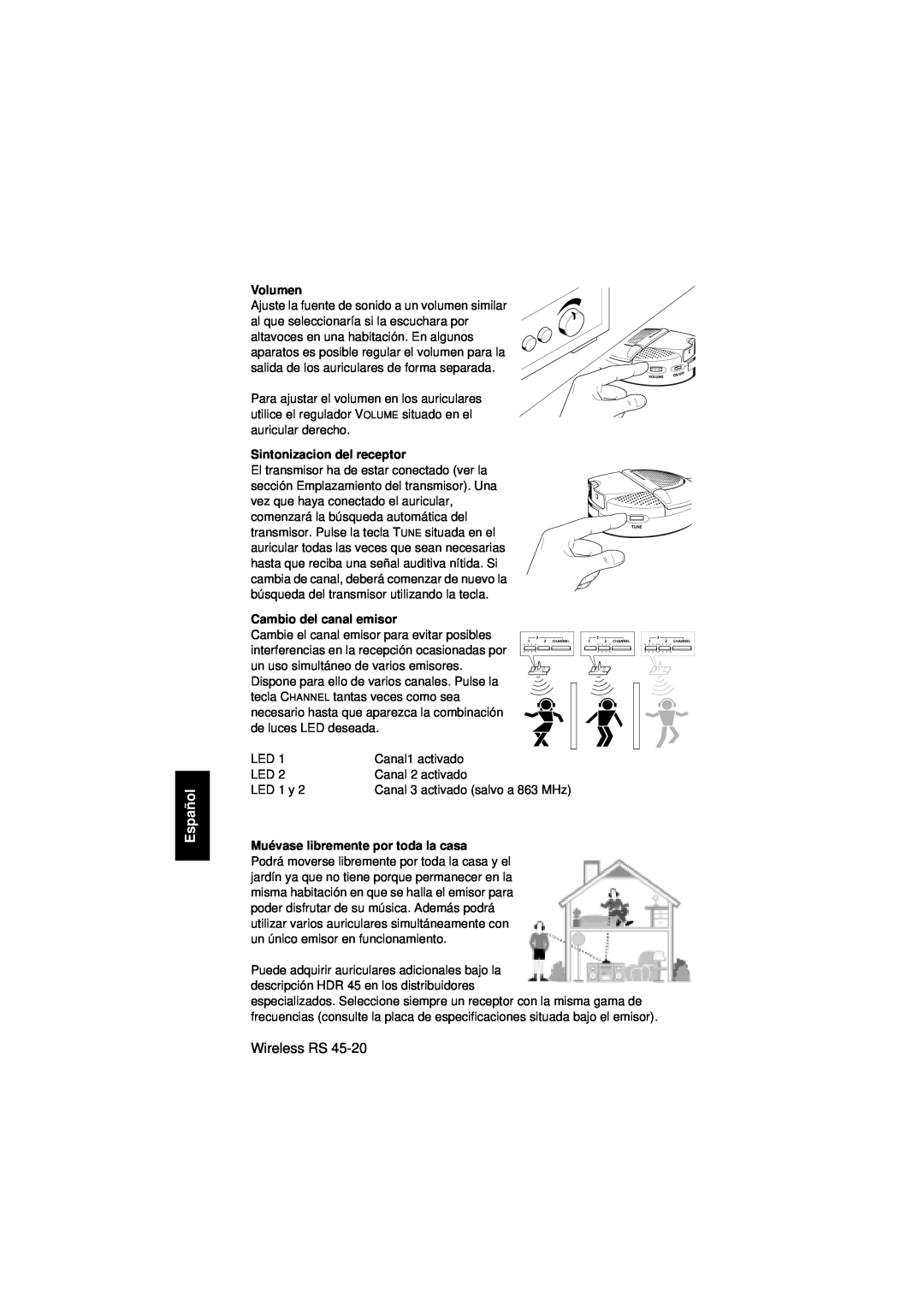 Sennheiser RS 45 instruction manual Español, Wireless RS, Volumen, Sintonizacion del receptor, Cambio del canal emisor 