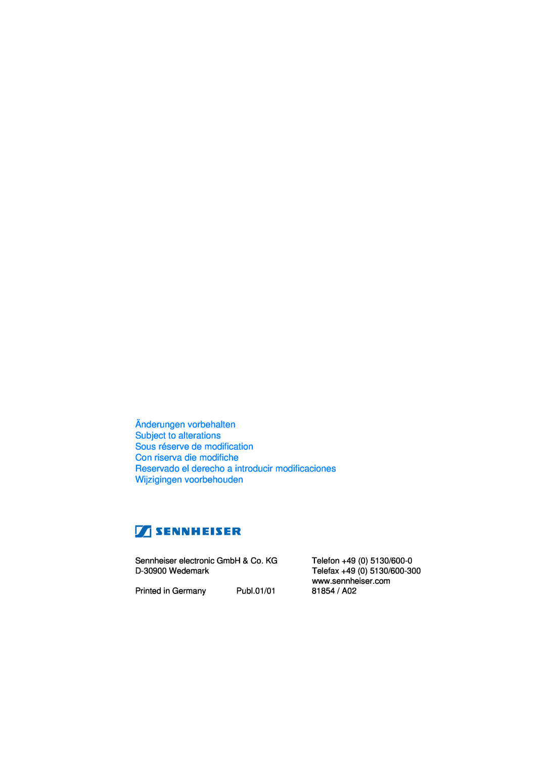 Sennheiser RS 45 instruction manual Änderungen vorbehalten Subject to alterations 