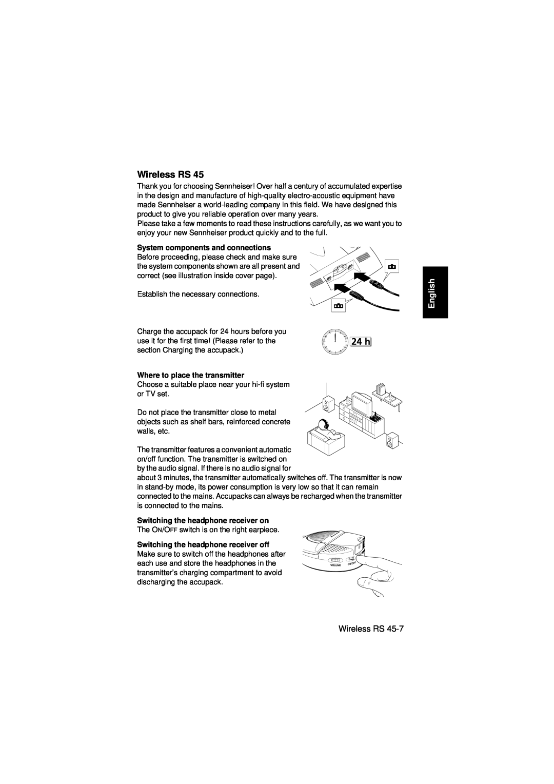 Sennheiser RS 45 instruction manual Wireless RS, English, System components and connections, Where to place the transmitter 