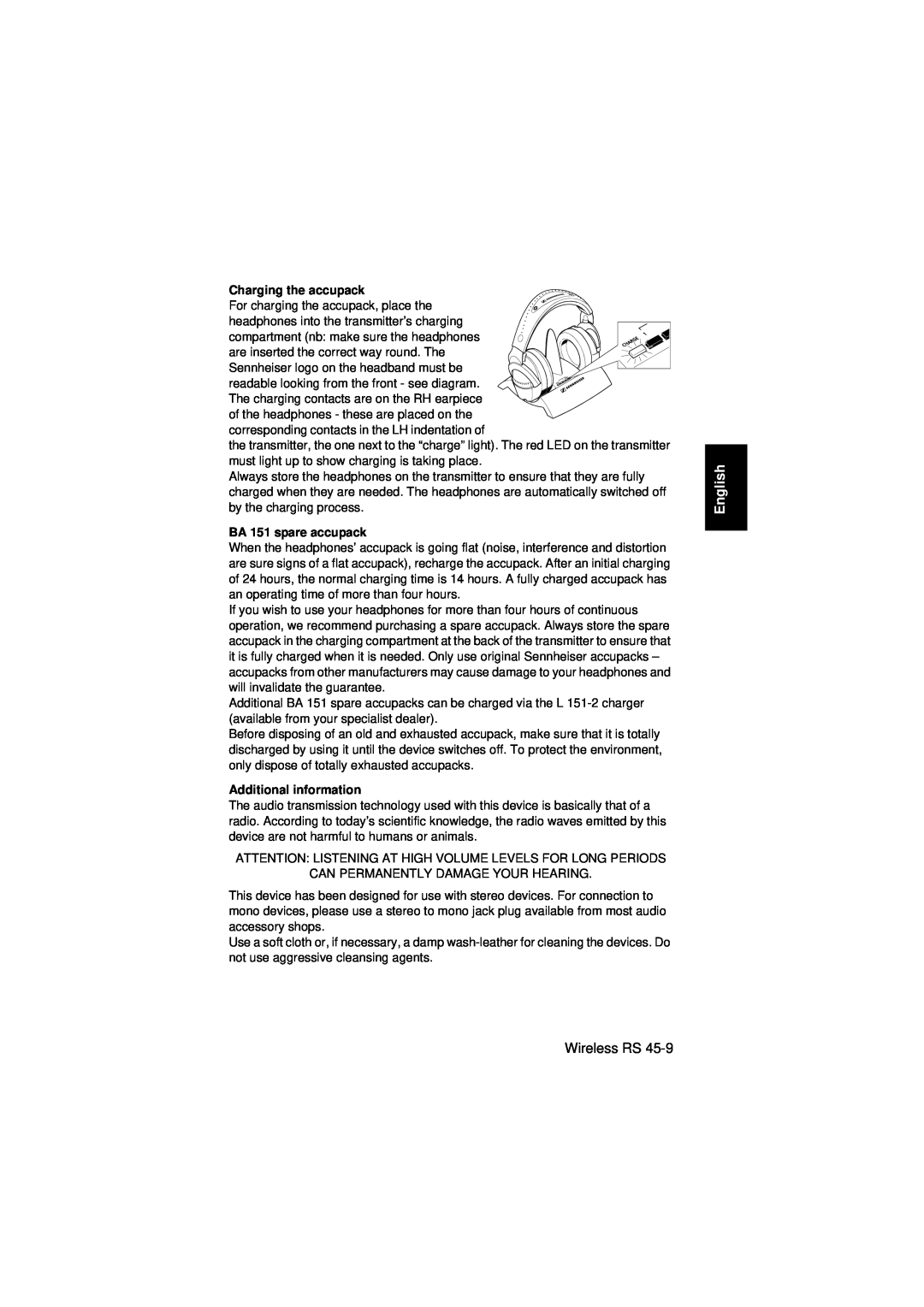 Sennheiser RS 45 instruction manual English, Wireless RS, BA 151 spare accupack, Additional information 