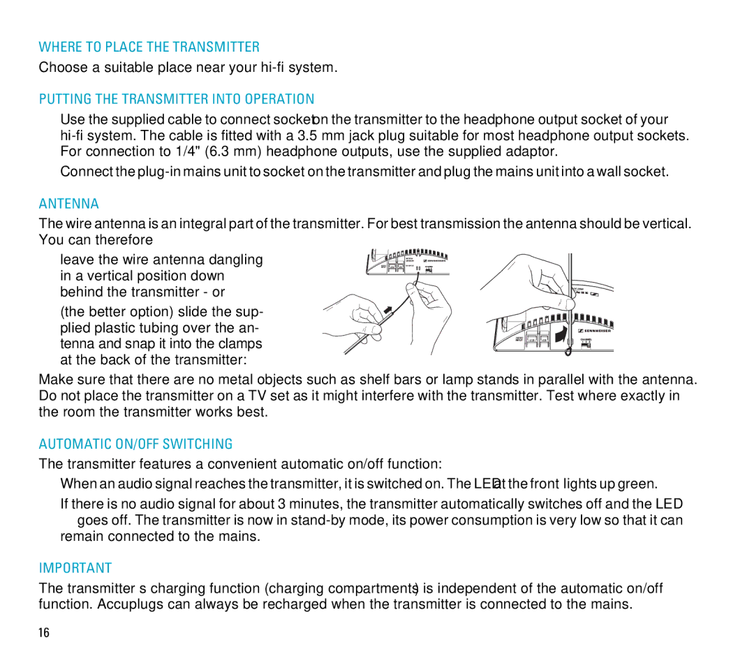 Sennheiser RS 6 manual Where to Place the Transmitter, Putting the Transmitter Into Operation, Antenna 