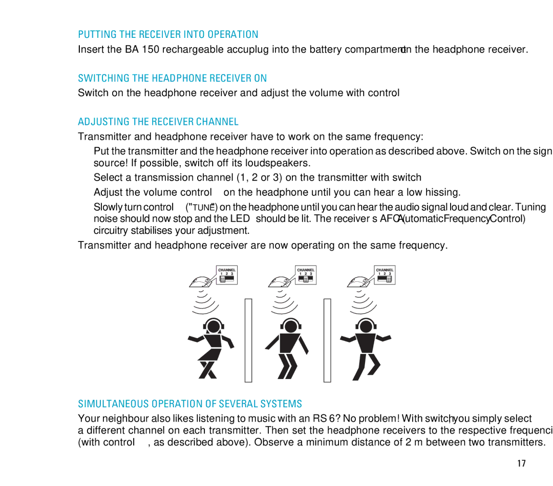 Sennheiser RS 6 Putting the Receiver Into Operation, Switching the Headphone Receiver on, Adjusting the Receiver Channel 