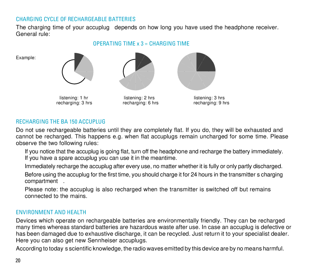 Sennheiser RS 6 manual Charging Cycle of Rechargeable Batteries, Recharging the BA 150 Accuplug, Environment and Health 