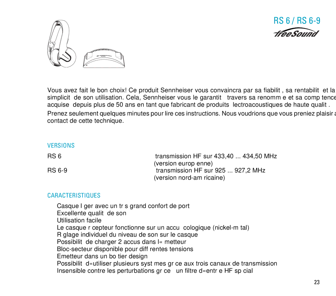 Sennheiser RS 6 manual Versions, Caracteristiques 