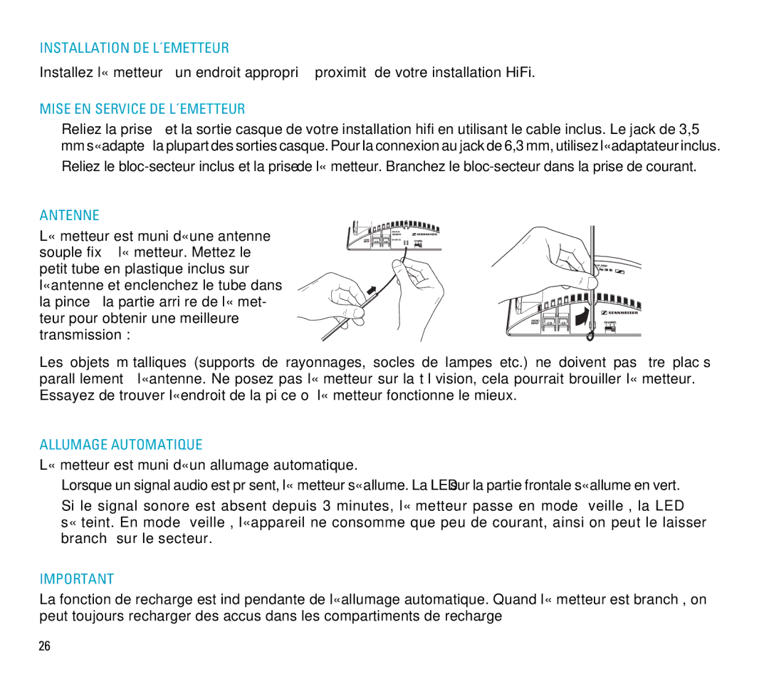 Sennheiser RS 6 manual Installation DE L´EMETTEUR, Mise EN Service DE L´EMETTEUR, Allumage Automatique 