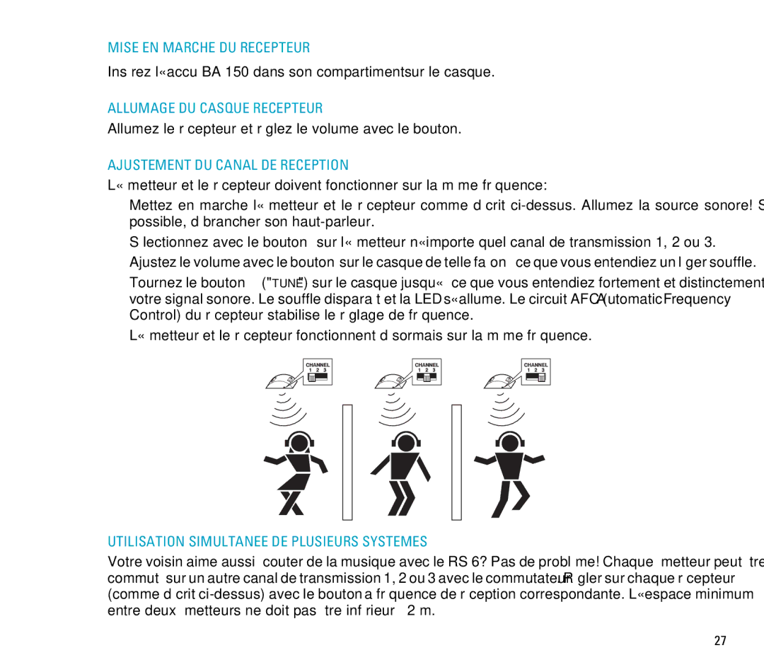 Sennheiser RS 6 manual Mise EN Marche DU Recepteur, Allumage DU Casque Recepteur, Ajustement DU Canal DE Reception 