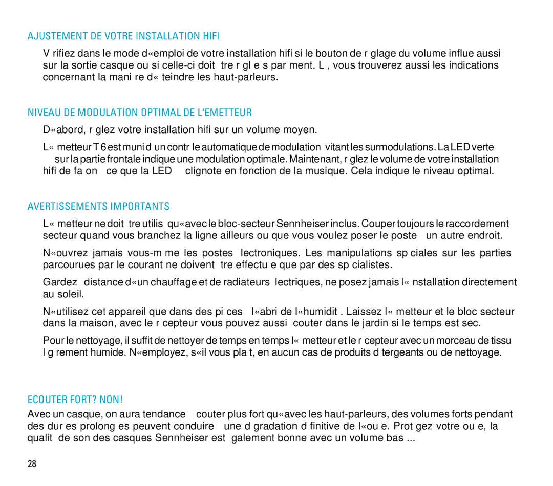 Sennheiser RS 6 manual Ajustement DE Votre Installation Hifi, Niveau DE Modulation Optimal DE L‘EMETTEUR, Ecouter FORT? NON 