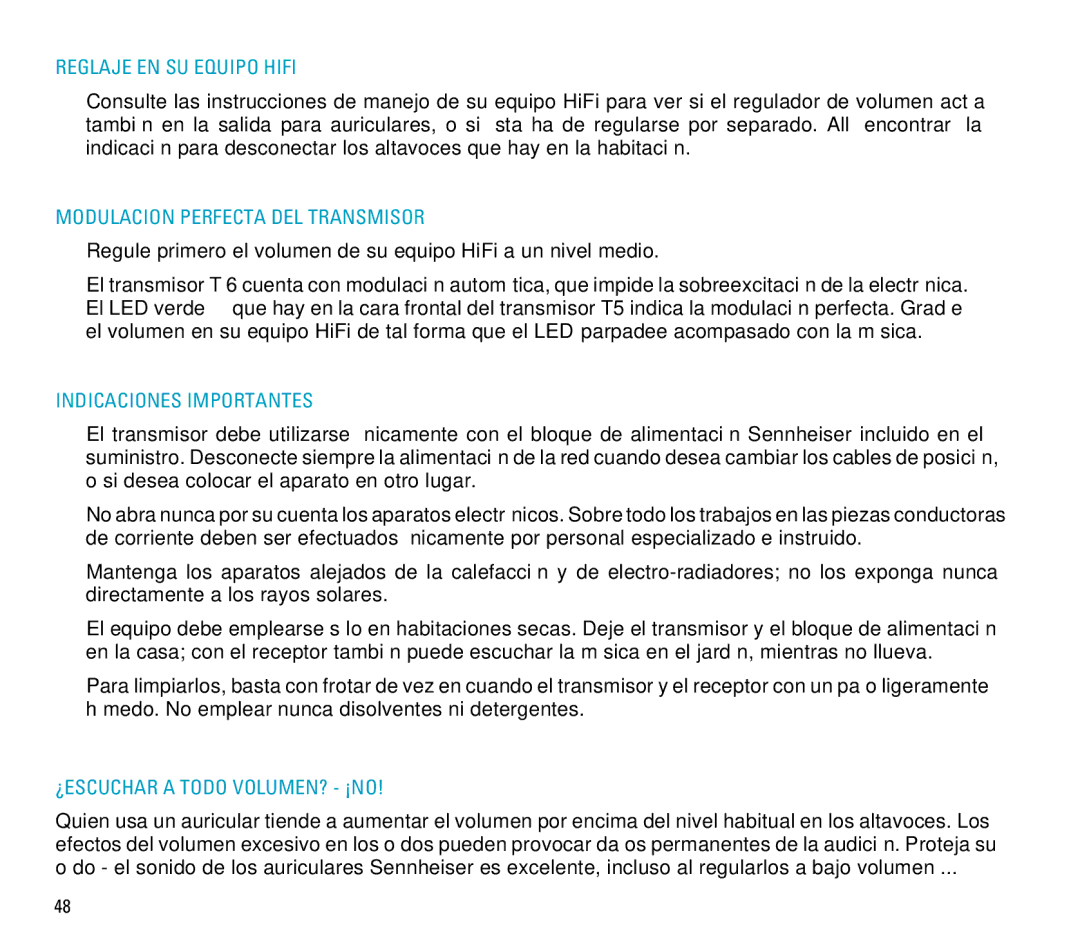 Sennheiser RS 6 manual Reglaje EN SU Equipo Hifi, Modulacion Perfecta DEL Transmisor, Indicaciones Importantes 