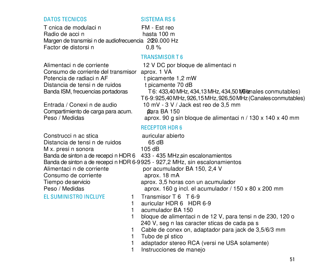 Sennheiser RS 6 manual Datos Tecnicos, Transmisor T, Receptor HDR, EL Suministro Incluye 