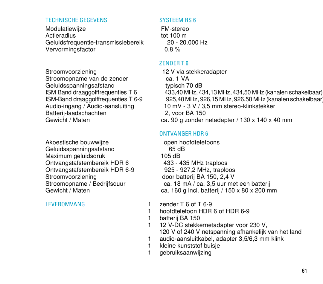 Sennheiser RS 6 manual Technische Gegevens Systeem RS, Zender T, Ontvanger HDR, Leveromvang 