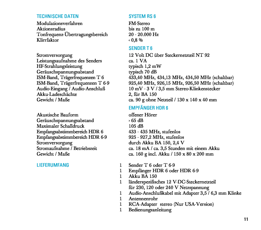 Sennheiser RS 6 manual Technische Daten, System Rs, Sender T, Empfänger Hdr, Lieferumfang 