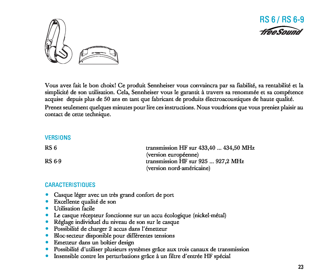 Sennheiser manual Caracteristiques, RS 6 / RS, Versions, transmission HF sur 433,40 ... 434,50 MHz 