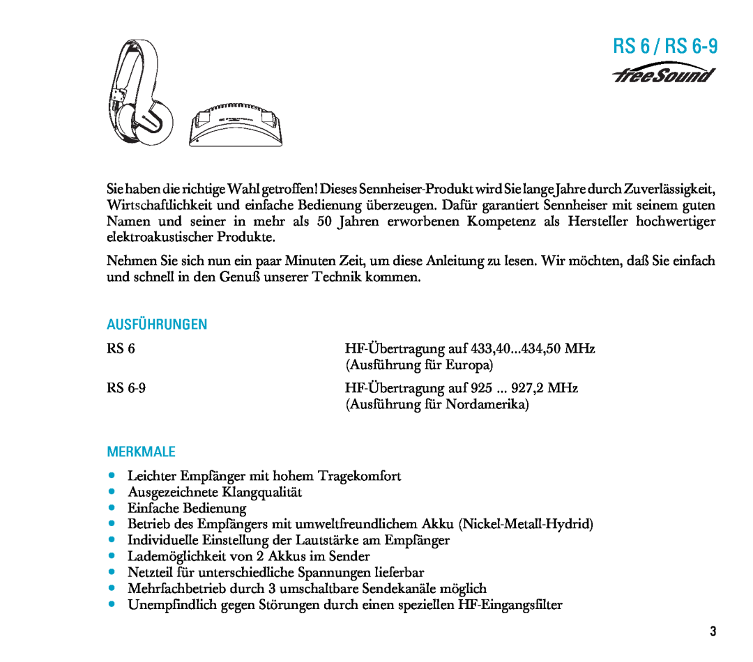 Sennheiser manual RS 6 / RS, Ausführungen, Merkmale 