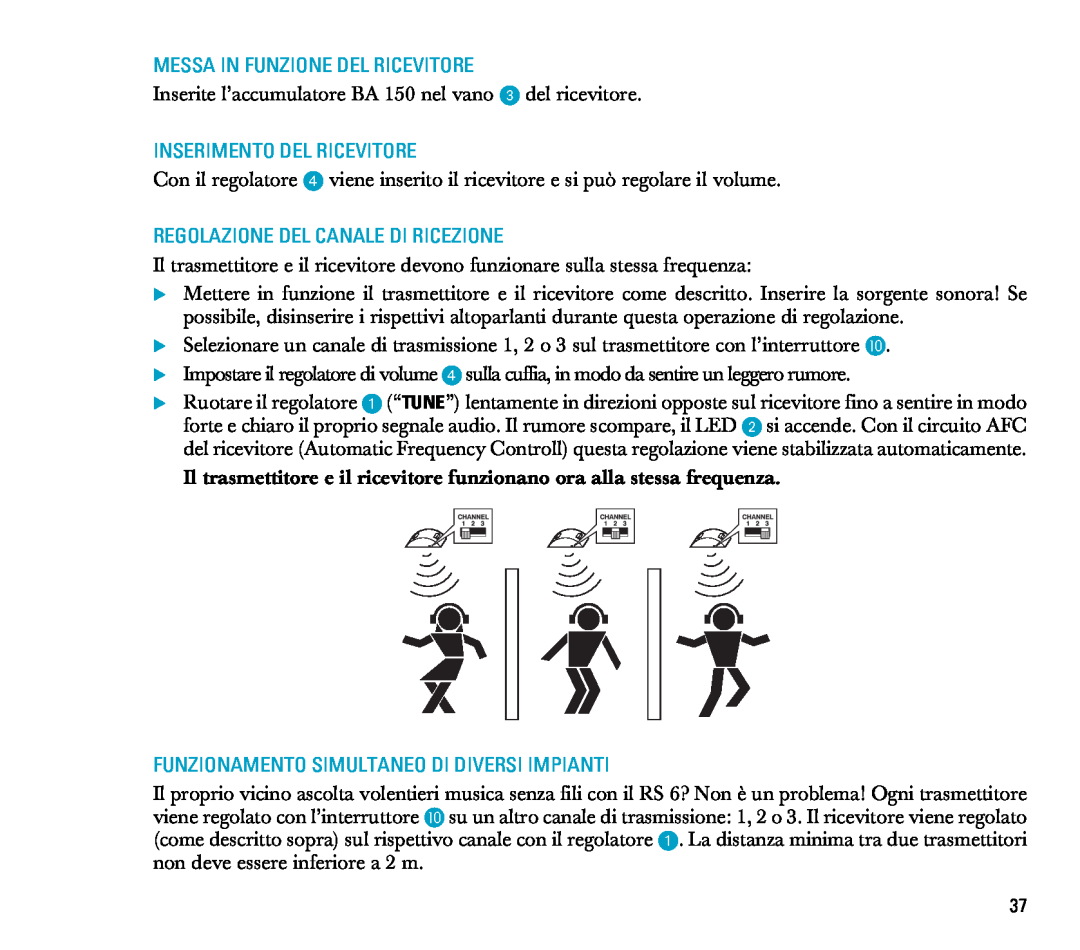 Sennheiser RS 6 manual Messa In Funzione Del Ricevitore, Inserimento Del Ricevitore, Regolazione Del Canale Di Ricezione 