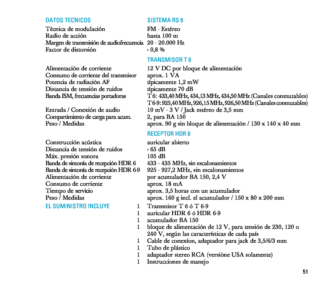Sennheiser RS 6 manual Datos Tecnicos, Transmisor T, Receptor Hdr, El Suministro Incluye, Sistema Rs 