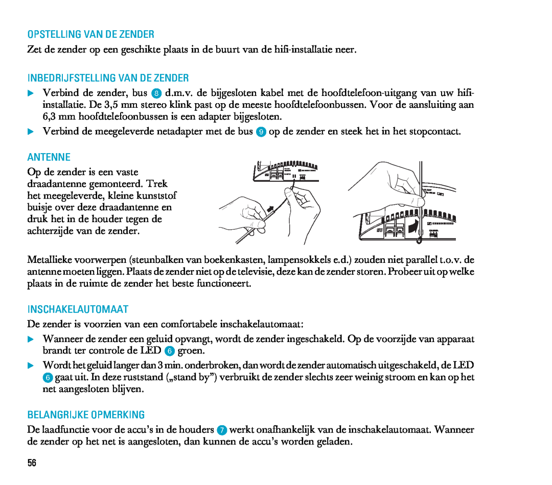 Sennheiser RS 6 manual Opstelling Van De Zender, Inbedrijfstelling Van De Zender, Inschakelautomaat, Belangrijke Opmerking 
