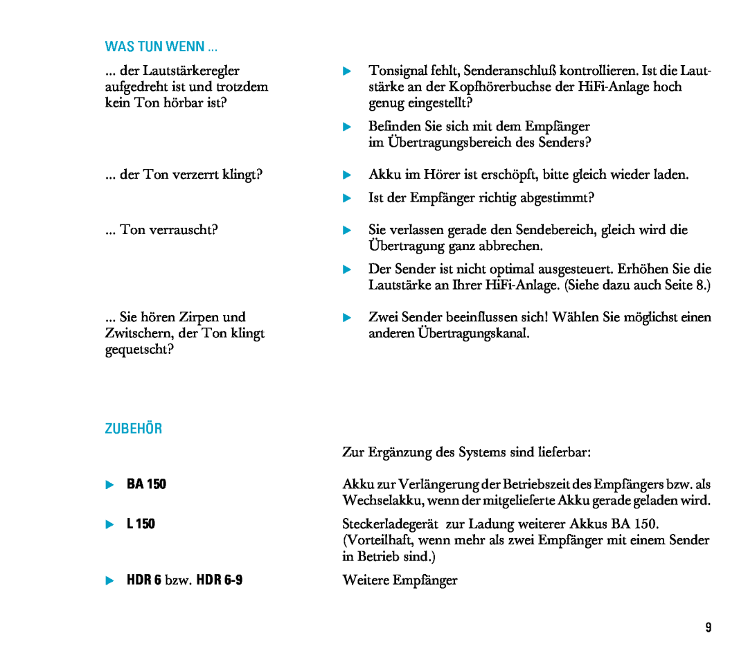 Sennheiser RS 6 manual Was Tun Wenn, Zubehör, BA L HDR 6 bzw. HDR 