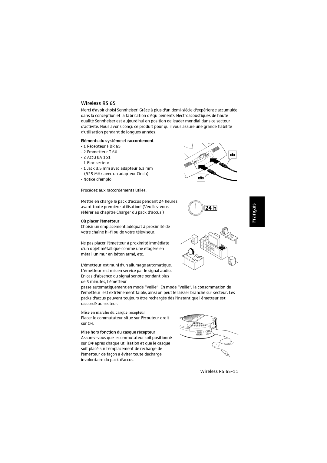 Sennheiser RS 65 manual Français, Procédez aux raccordements utiles 