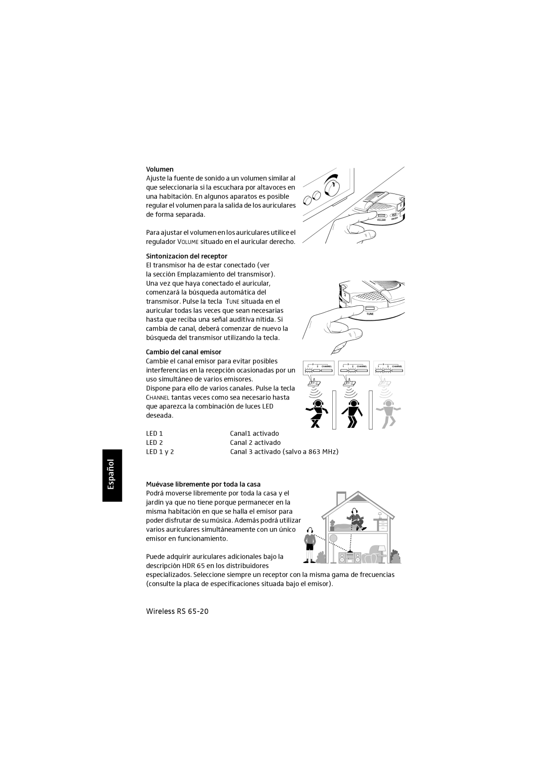 Sennheiser RS 65 manual Sintonizacion del receptor, Canal1 activado, Canal 2 activado, LED 1 y 