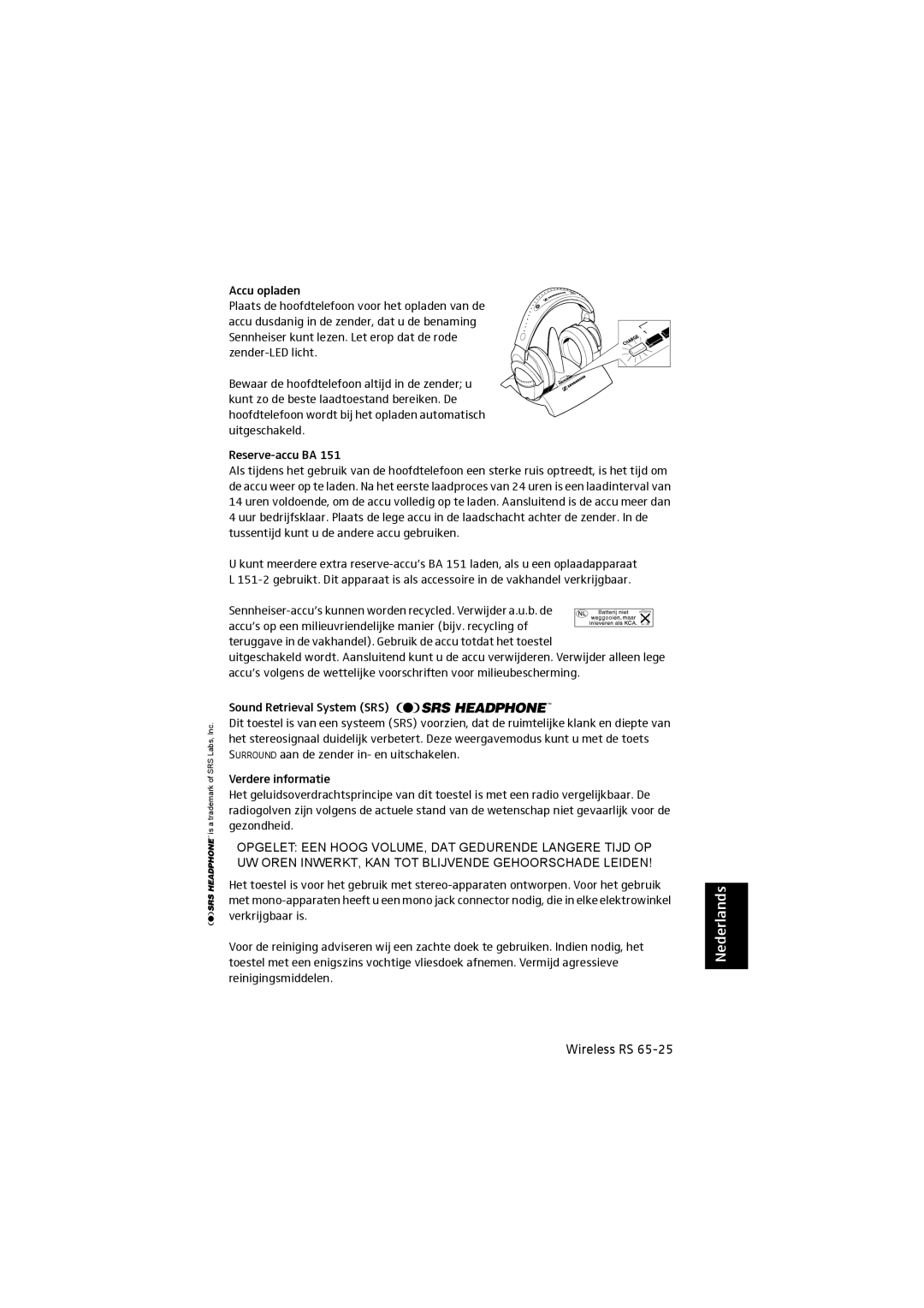 Sennheiser RS 65 manual Is a trademark of SRS Labs, Inc 