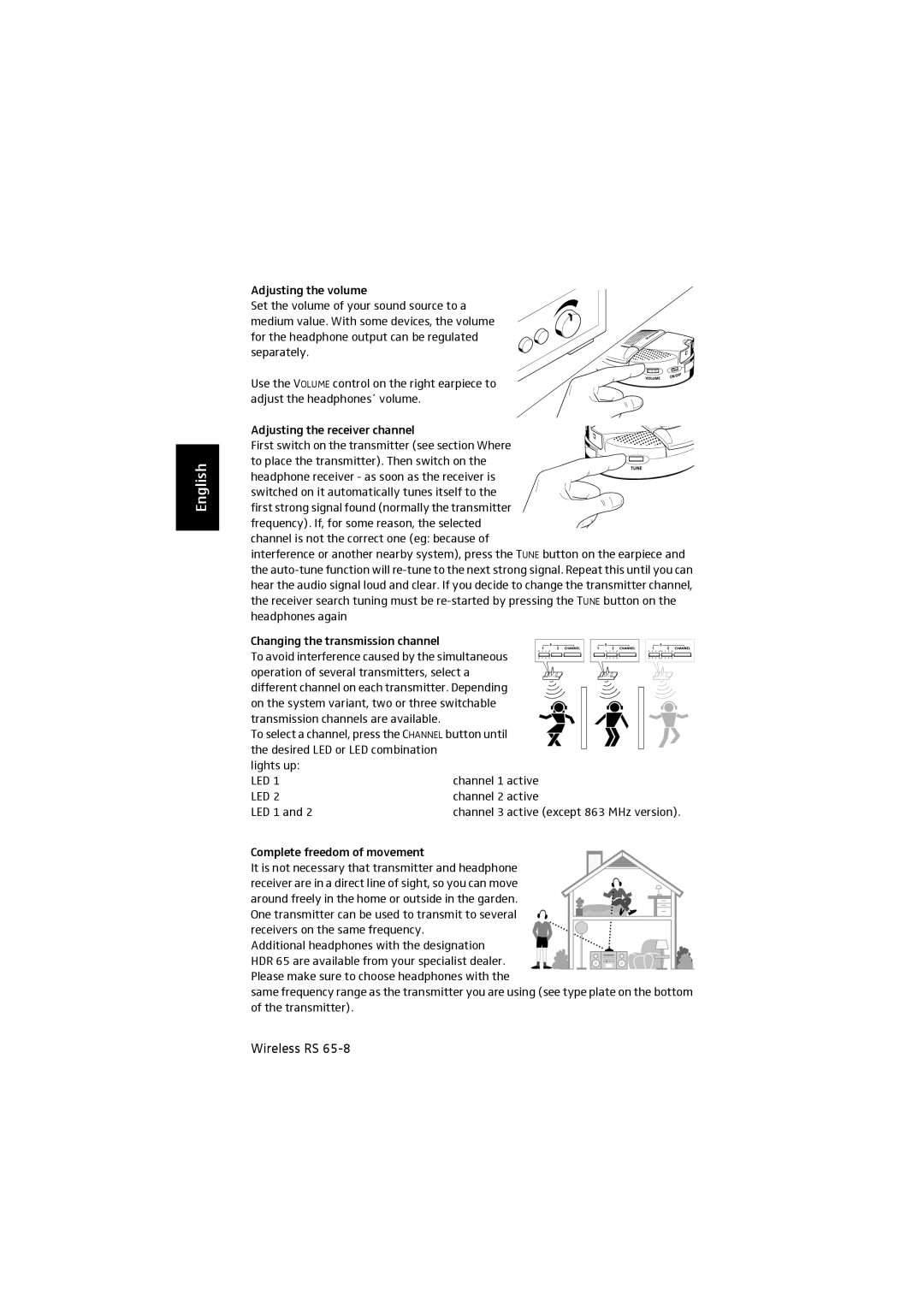 Sennheiser RS 65 To select a channel, press the Channel button until, Desired LED or LED combination Lights up, LED 1 