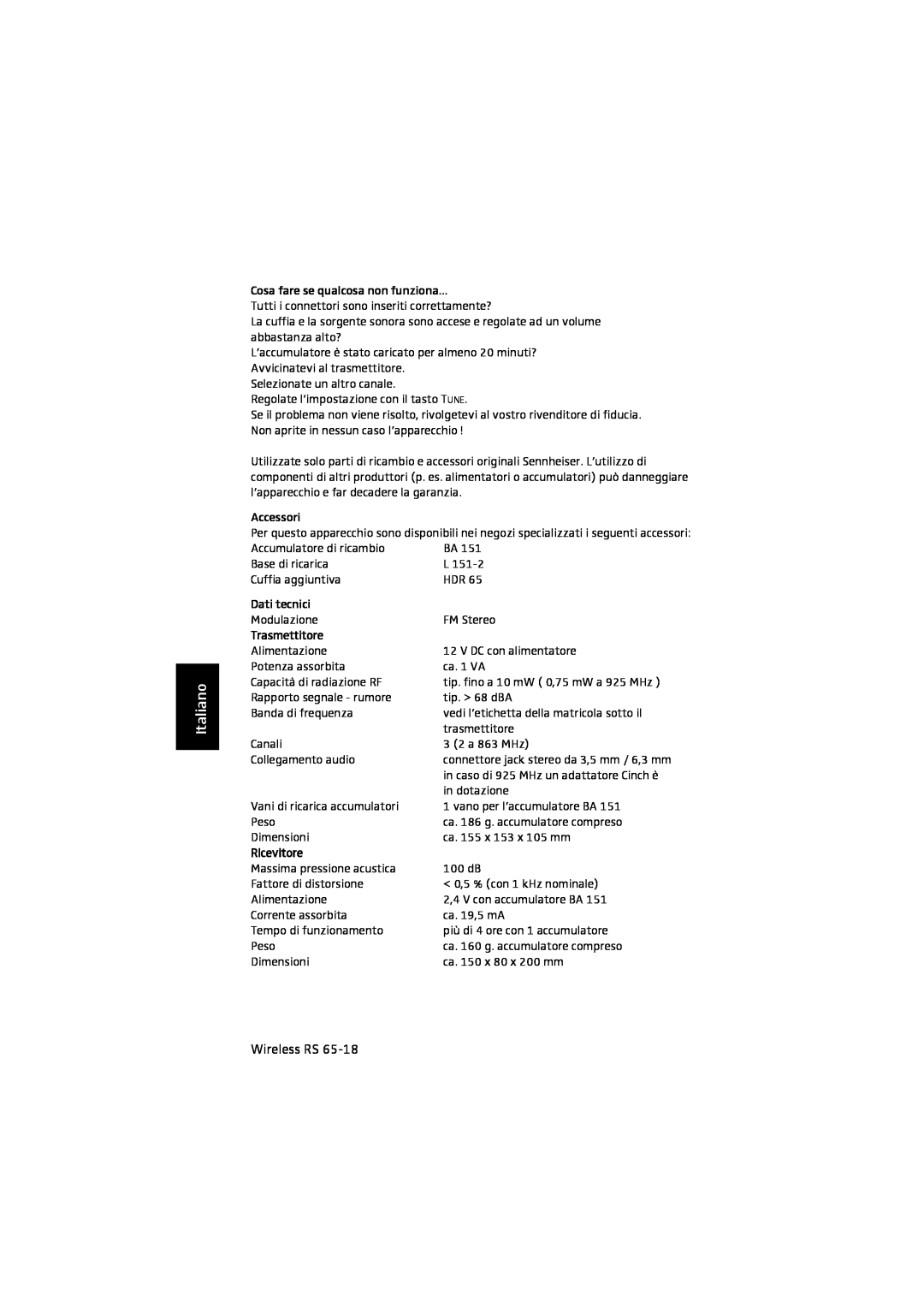 Sennheiser RS 65 manual Italiano, Trasmettitore, Ricevitore 