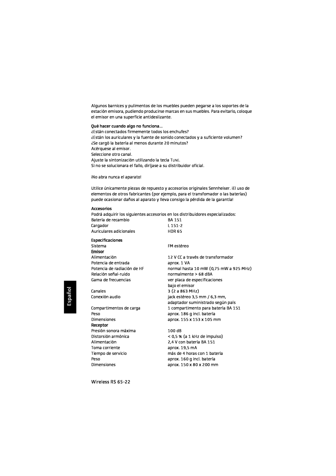 Sennheiser RS 65 manual Español, Emisor, Receptor 