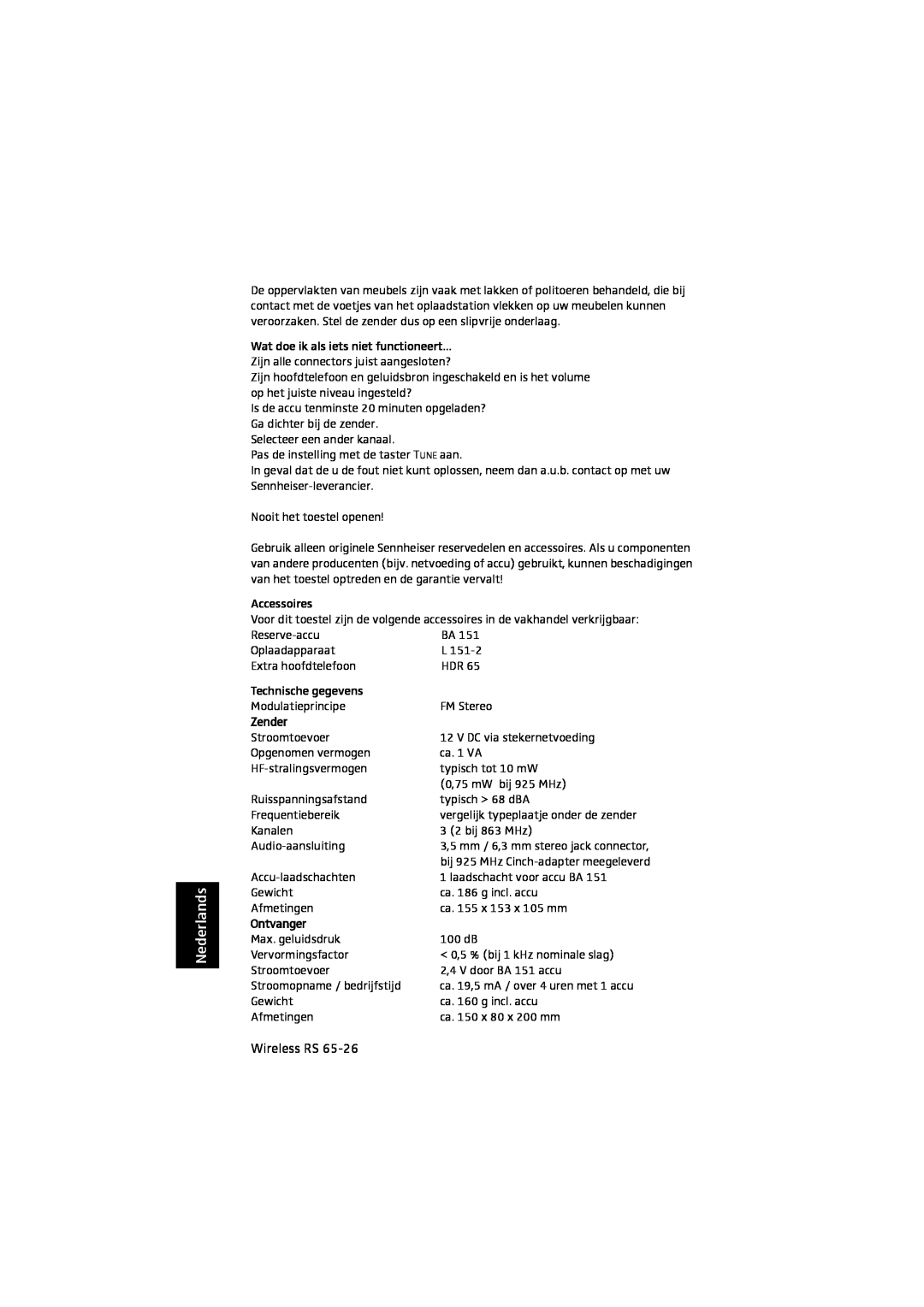 Sennheiser RS 65 manual Nederlands, Zender, Ontvanger 