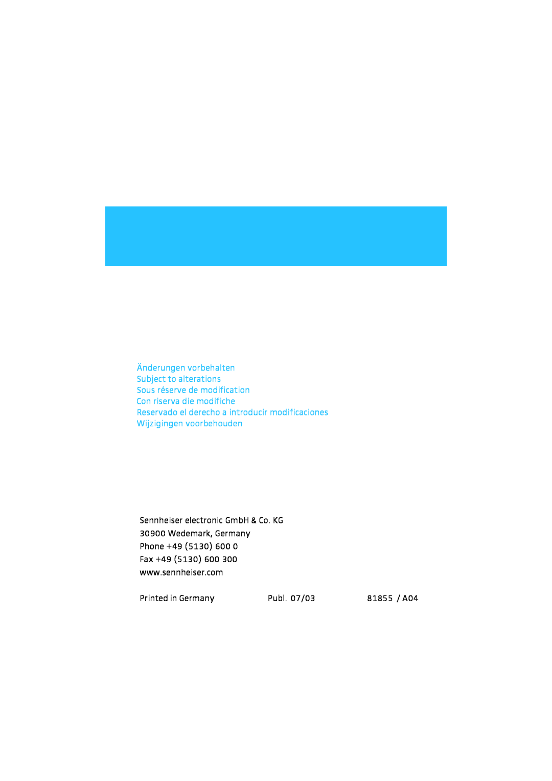 Sennheiser RS 65 manual Publ. 07/03, 81855 / A04 