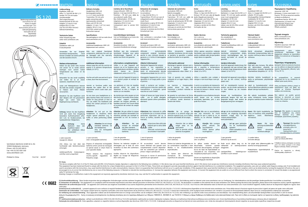 Sennheiser RS120 specifications Lieferumfang, Delivery includes, Contenu de la fourniture, Dotazione di consegna, Zubehör 