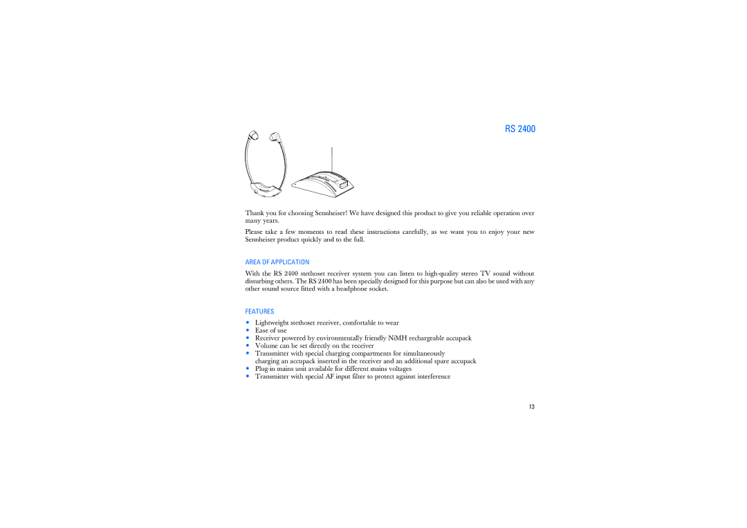 Sennheiser RS2400 instruction manual Area of Application, Features 