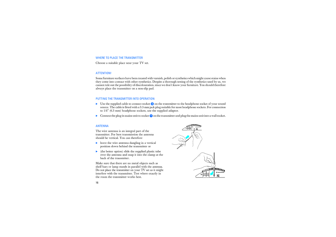 Sennheiser RS2400 instruction manual Where to Place the Transmitter, Putting the Transmitter Into Operation, Antenna 